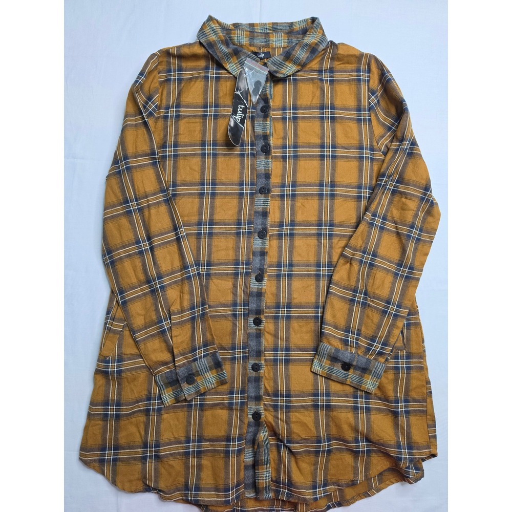 Tulip Flannel Tunic Shirt Women's Small‎ Mustard Yellow Plaid Long Sleeve NWT